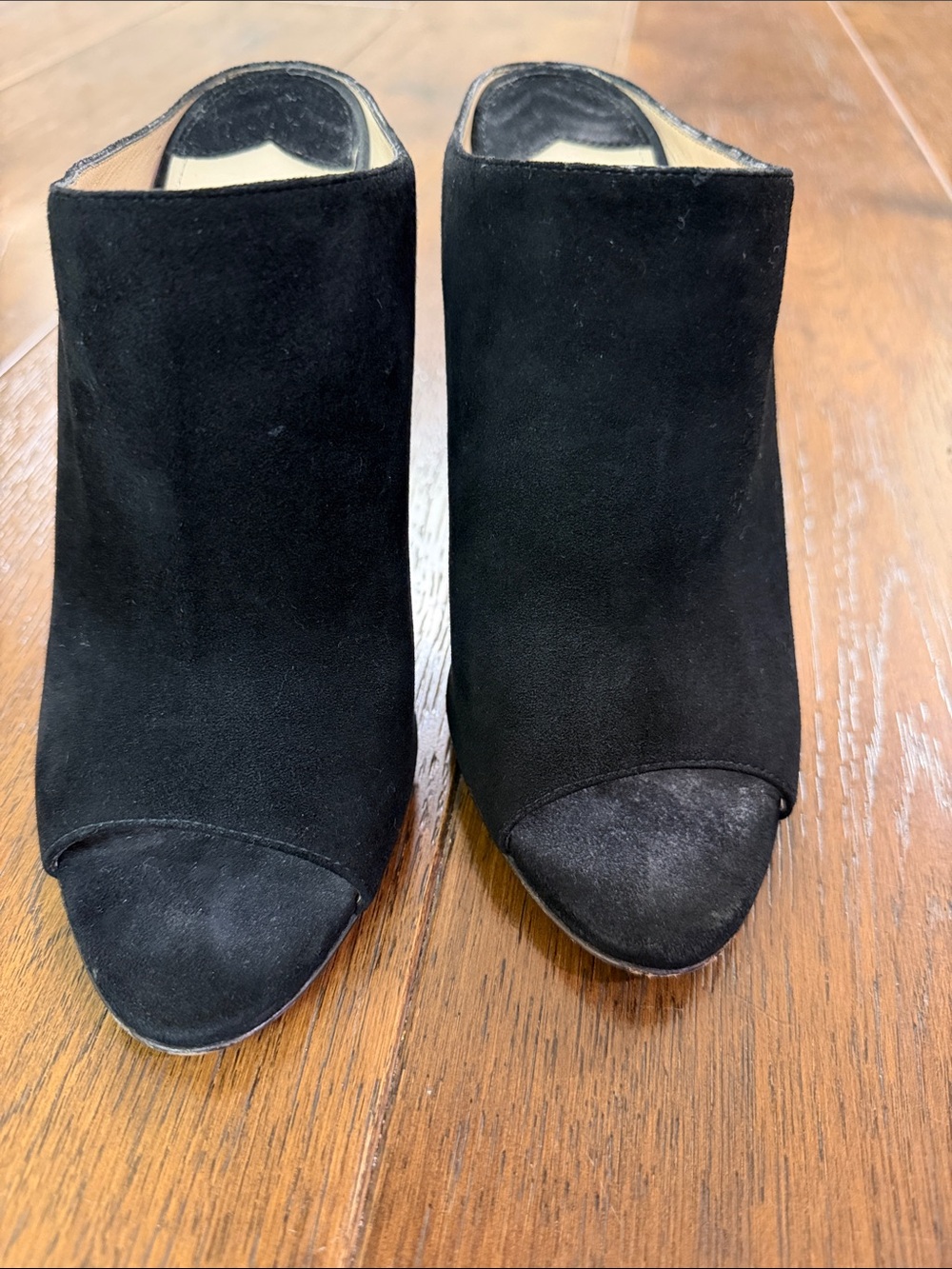 Prada - Women’s Black Suede Peep-Toe Wedge Bootie Mules Heel - Size: 38 - Picture 10 of 12